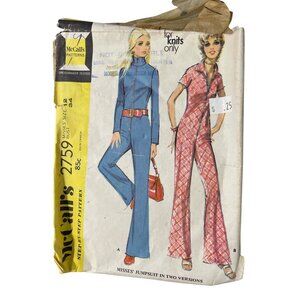 70s McCalls 2759 Misses Jumpsuit Sewing Pattern Size 12 For Knits Only Retro CUT
